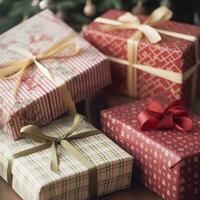 ai generiert Urlaub Geschenke und die Geschenke, Land Hütte Stil eingewickelt Geschenk Kisten zum Boxen Tag, Weihnachten, Valentinsgrüße Tag und Ferien Einkaufen Verkauf, Schönheit Box Lieferung foto