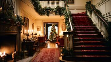 ai generiert Weihnachten beim das Herrenhaus, großartig Eingang Halle mit Treppe und Weihnachten Baum, Englisch Landschaft Dekoration und Innere Dekor foto