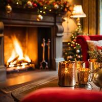 ai generiert Weihnachten, Urlaub Dekor und Land Hütte Stil, gemütlich Atmosphäre, dekoriert Weihnachten Baum im das Englisch Landschaft Haus Leben Zimmer mit Kamin, Innere Dekoration foto