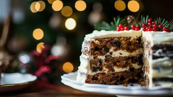 ai generiert Weihnachten Kuchen, Urlaub Rezept und Zuhause Backen, Pudding mit cremig Glasur zum gemütlich Winter Ferien Tee im das Englisch Land Hütte, hausgemacht Essen und Kochen foto