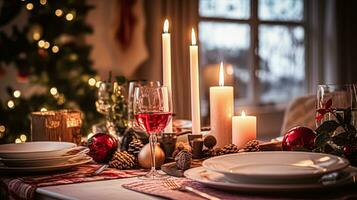 ai generiert festlich Datum Nacht Tischlandschaft Idee, Abendessen Tabelle Rahmen zum zwei und Weihnachten, Neu Jahr, Valentinsgrüße Tag Dekor, Englisch Land Zuhause Styling foto