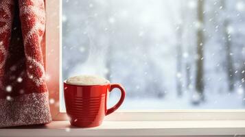 ai generiert Winter Feiertage, Ruhe und gemütlich heim, rot Tasse von Tee oder Kaffee Becher und gestrickt Decke in der Nähe von Fenster im das Englisch Landschaft Hütte, Urlaub Atmosphäre foto