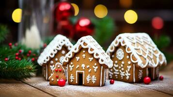 ai generiert Weihnachten Lebkuchen Haus, Urlaub Rezept und Zuhause Backen, Süss Dessert zum gemütlich Winter Englisch Land Tee im das Hütte, hausgemacht Essen und Kochen foto