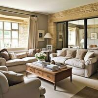 ai generiert modern Hütte Sitzung Zimmer, Leben Zimmer Innere Design und Land Haus Zuhause Dekor, Sofa und Salon Möbel, Englisch cotswolds Landschaft Stil foto