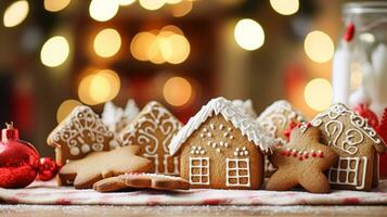 ai generiert Weihnachten Lebkuchen Haus, Urlaub Rezept und Zuhause Backen, Süss Dessert zum gemütlich Winter Englisch Land Tee im das Hütte, hausgemacht Essen und Kochen foto