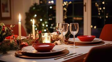 ai generiert festlich Datum Nacht Tischlandschaft Idee, Abendessen Tabelle Rahmen zum zwei und Weihnachten, Neu Jahr, Valentinsgrüße Tag Dekor, Englisch Land Zuhause Styling foto