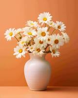 ai generiert Gänseblümchen im ein Weiß minimalistisch Vase auf Orange Hintergrund foto