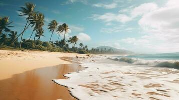 ai generiert tropisch Strand mit Palme Bäume und Blau Himmel - - Jahrgang Filter foto