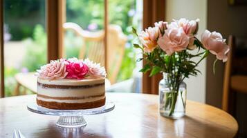 ai generiert hausgemacht Geburtstag Kuchen im das Englisch Landschaft Haus, Hütte Küche Essen und Urlaub Backen Rezept foto