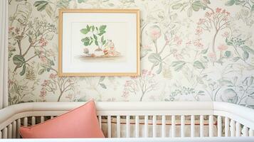 ai generiert Baby Zimmer Dekor und Innere Design Inspiration im das Englisch Landschaft Stil Hütte foto