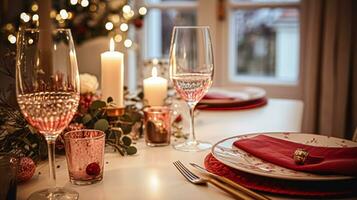 ai generiert festlich Datum Nacht Tischlandschaft Idee, Abendessen Tabelle Rahmen zum zwei und Weihnachten, Neu Jahr, Valentinsgrüße Tag Dekor, Englisch Land Zuhause Styling foto