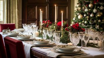 ai generiert Weihnachten beim das Herrenhaus, Englisch Landschaft Dekoration und Innere Dekor foto