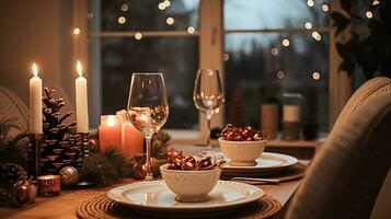 ai generiert festlich Datum Nacht Tischlandschaft Idee, Abendessen Tabelle Rahmen zum zwei und Weihnachten, Neu Jahr, Valentinsgrüße Tag Dekor, Englisch Land Zuhause Styling foto