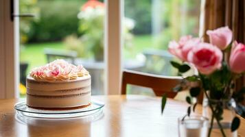 hausgemacht Geburtstag Kuchen im das Englisch Landschaft Haus, Hütte Küche Essen und Urlaub Backen Rezept foto