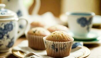 ai generiert hausgemacht Kuchen, Muffins serviert zum Tee. generativ ai foto