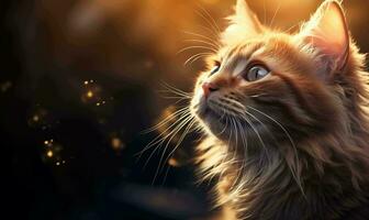 ai generiert Porträt von Maine Waschbär Katze im Vorderseite von golden Bokeh Hintergrund foto