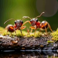 ai generiert rot Ameise auf das Baum. Makro. flach Tiefe von Feld. foto