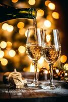 ai generiert funkelnd Wein, Prosecco oder Champagner im Vorderseite von ein Kamin auf ein Urlaub Vorabend Feier, fröhlich Weihnachten, glücklich Neu Jahr und glücklich Ferien foto