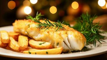 ai generiert Fisch und Chips zum Winter Urlaub Abendessen, traditionell britisch Küche Rezept im Englisch Land heim, Ferien Feier und hausgemacht Essen foto