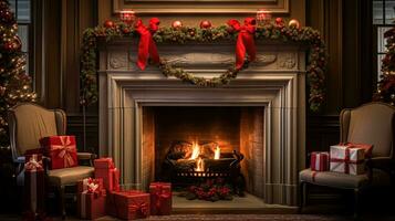 ai generiert Weihnachten beim das Herrenhaus, Englisch Landschaft Dekoration und Innere Dekor foto