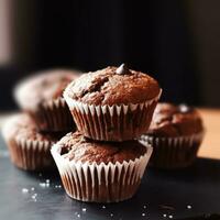 ai generiert Schokolade Kuchen, Muffins oder Cupcakes, gebacken im ein Bäckerei Urlaub Süss Essen Rezept Idee, generativ ai foto
