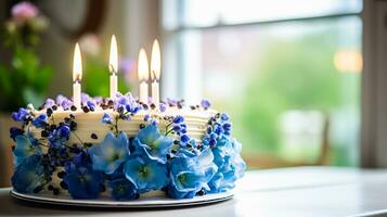 ai generiert hausgemacht Geburtstag Kuchen im das Englisch Landschaft Haus, Hütte Küche Essen und Urlaub Backen Rezept foto