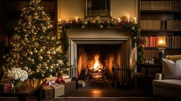 ai generiert Weihnachten beim das Herrenhaus, Englisch Landschaft Dekoration und Innere Dekor foto