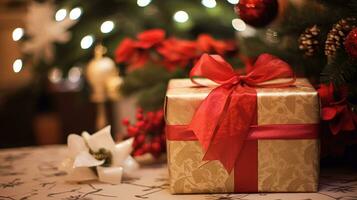 ai generiert Weihnachten Geschenk Box in der Nähe von gemütlich Kamin im das Englisch Land Hütte, Winter Feiertage, Boxen Tag Feier und Urlaub Einkaufen foto