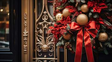 ai generiert Weihnachten Dekoration Einzelheiten auf Englisch gestylt Luxus hoch Straße Stadt Geschäft Tür oder Einkaufen Fenster Anzeige, Urlaub Verkauf und Geschäft Dekor foto