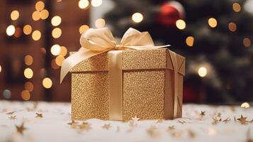 ai generiert Weihnachten Geschenk Box in der Nähe von gemütlich Kamin im das Englisch Land Hütte, Winter Feiertage, Boxen Tag Feier und Urlaub Einkaufen foto