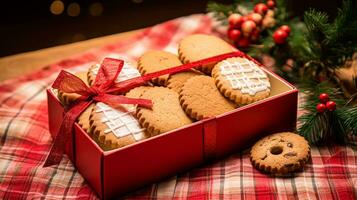 ai generiert Weihnachten Kekse, Urlaub Keks Geschenk Box und Zuhause backt, Winter Ferien Geschenk zum Englisch Land Tee im das Hütte, hausgemacht Shortbread und Backen Rezept foto