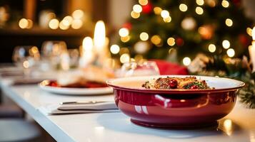 ai generiert Geschirr und Geschirr einstellen zum Winter Urlaub Familie Abendessen, Weihnachten Haushaltswaren Dekor zum Ferien im das Englisch Land Haus, Geschenk einstellen und Zuhause Styling foto