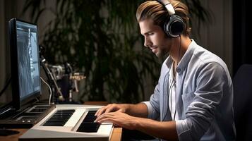 ai generiert Mann spielen Tastatur im Zuhause Studio foto