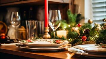 ai generiert Geschirr und Geschirr einstellen zum Winter Urlaub Familie Abendessen, Weihnachten Haushaltswaren Dekor zum Ferien im das Englisch Land Haus, Geschenk einstellen und Zuhause Styling foto