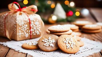 ai generiert Weihnachten Kekse, Urlaub Keks Rezept und Zuhause Backen, Süss Dessert zum gemütlich Winter Englisch Land Tee im das Hütte, hausgemacht Essen und Kochen foto