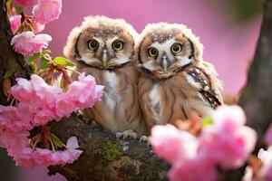 ai generiert bezaubernd wenig Eule Küken im Nest mit Rosa Blumen. süß Vögel. perfekt zum Hintergrund, Gruß Karten, Kinder Bücher, Banner, Plakate foto