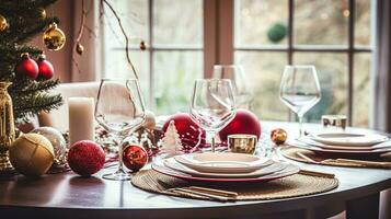 ai generiert Weihnachten Urlaub Familie Frühstück, Tabelle Rahmen Dekor und festlich Tischlandschaft, Englisch Land und Zuhause Styling foto