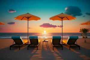 ai generiert tropisch Abend Regenschirme und Liegen Besetzung Silhouetten auf das künstlich Strand foto