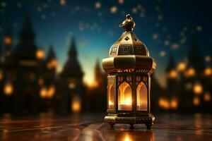 ai generiert islamisch Laterne auf Tabelle durch Fenster, porträtieren heiter Mondschein Moschee foto