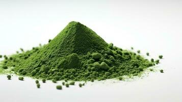 ai generiert Spirulina oder Chlorella Grün Pulver auf ein Weiß Hintergrund. getrocknet Seetang. gesund Superfood. Matcha Pulver. schließen hoch. Essen Ergänzung. zum Werbung, Verpackung, Etikett, marke foto