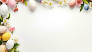 ai generiert Rahmen Hintergrund mit Ostern gemalt Eier mit Blumen auf Weiß Hintergrund. Banner mit Kopieren Raum. Ideal zum Ostern Förderung, Frühling Fall, Urlaub Gruß, Werbung. festlich foto