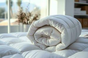 ai generiert Weiß Komfort elegant Kissen und Decke, luxuriös Nieder Tröster auf Bett foto