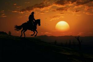 ai generiert Sonnenuntergang Fahrer ein Streiter oben auf ein Pferd verkörpert Western Charme im das Abend foto