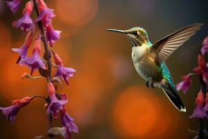 ai generiert anmutig Schönheit Kolibri Porträt, ein bunt Symphonie mit Blüten foto