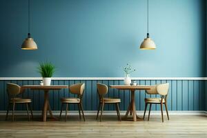 ai generiert Restaurant oder Kaffee Geschäft rühmt sich stilvoll Blau Mauer Innere Design foto
