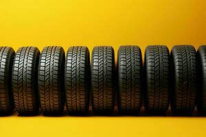 ai generiert sonnig Reifen Anzeige Gelb Hintergrund mit ein ordentlich Anordnung von Reifen foto