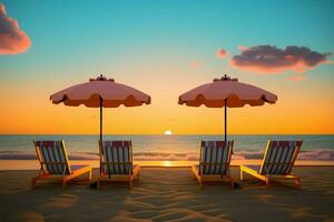 ai generiert Küsten Dämmerung künstlich Strand geschmückt mit Regenschirme und Liegen beim Sonnenuntergang foto