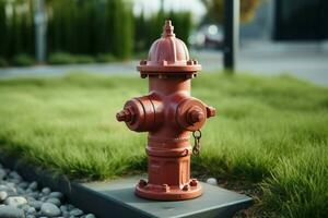 ai generiert Grün Kontrast ein rot Feuer Hydrant fügt hinzu ein berühren von Urbanität foto