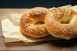 ai generiert Zwilling Freude zwei frisch gebacken Bagels Geschenk ein Frühstück behandeln foto