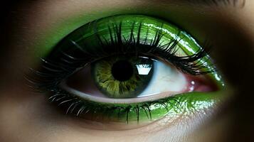 ai generiert Nahansicht Bild von schön Frau Auge mit Grün bilden. foto
